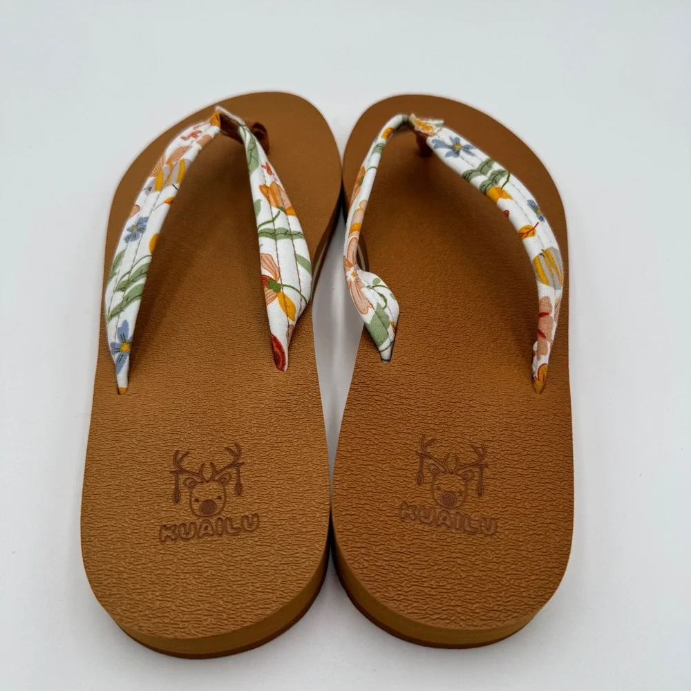 KuaiLu Flip Flops Yoga Mat Comfort Floral Sandals Womens Tan Arc Support Beach